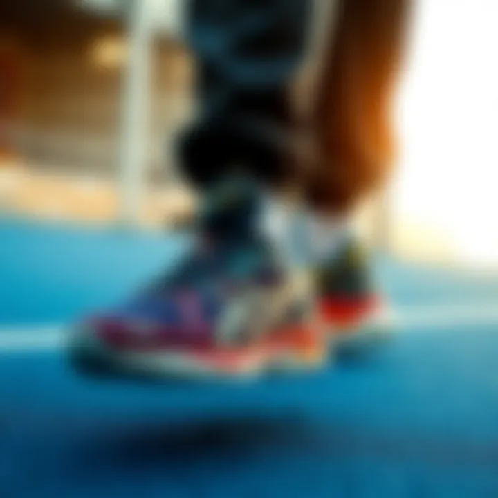 Asics shoes displayed in an active sports environment