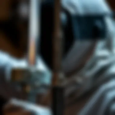 Close-up of fencing equipment showcasing the sword and protective gear