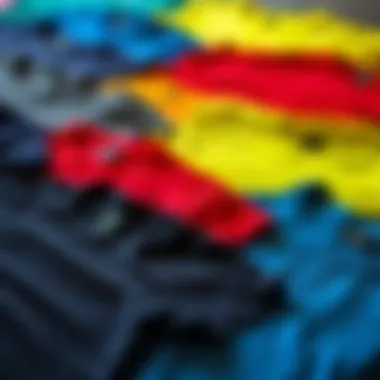 A selection of fitness t-shirts in various colors and styles arranged neatly