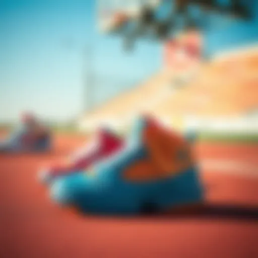 Vibrant Designs of Jordan Kids' Basketball Shoes Colorful Jordan children's basketball shoes displayed on a court