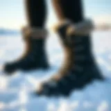 Stylish winter boots in a snowy landscape