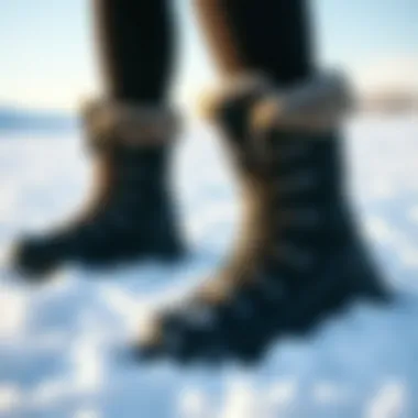 Stylish Winter Boots in a Snowy Landscape Stylish winter boots in a snowy landscape