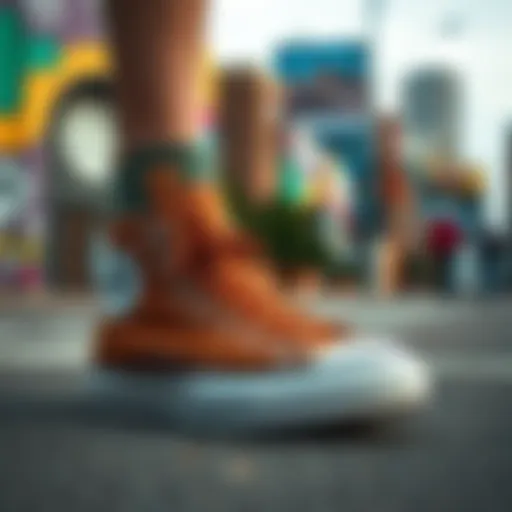 Stylish brown Converse Chuck 70 shoes on a vibrant urban background