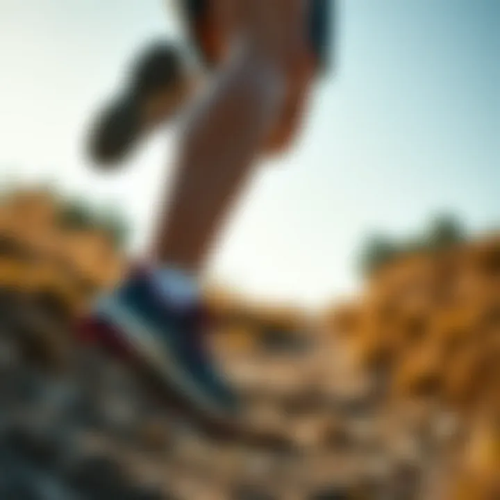 Performance in Rugged Terrain Runner on a trail wearing Merrell shoes, highlighting performance in rugged terrain