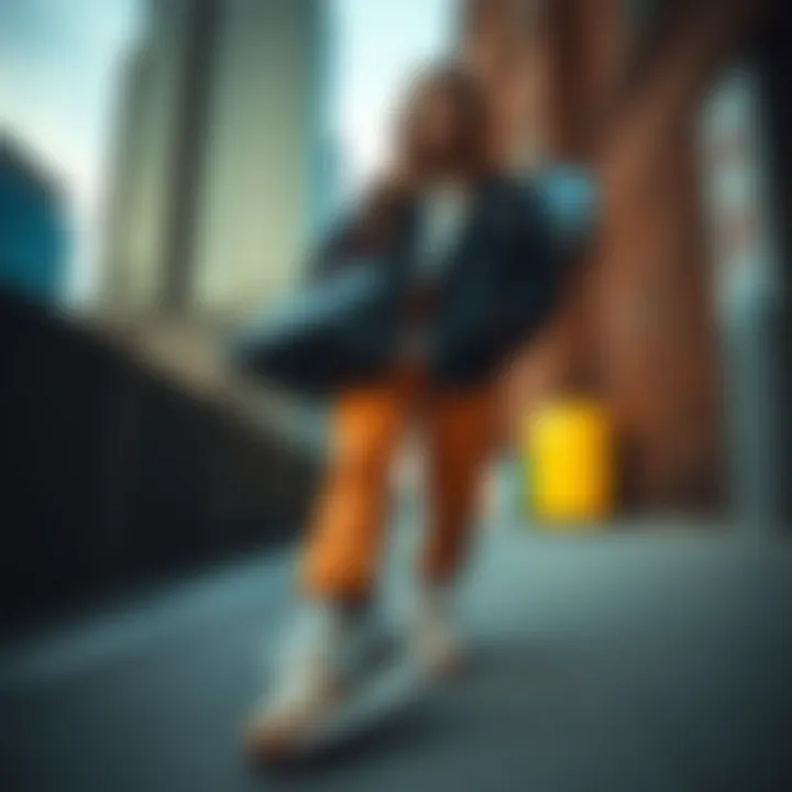 Fashionably dressed woman wearing New Balance shoes in an urban setting