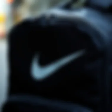 A close-up of the signature Nike logo on a stylish backpack