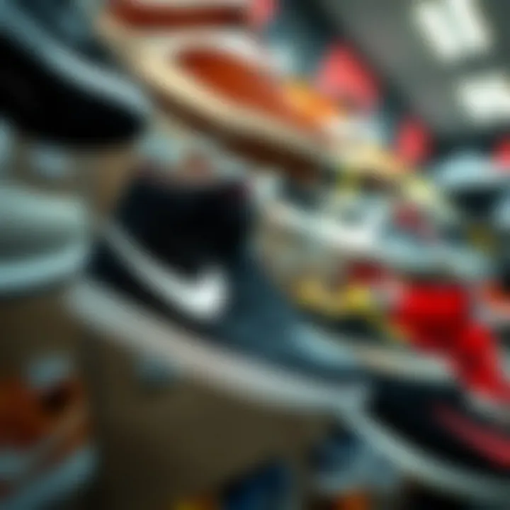 Nike shoe display highlighting various styles and sizes