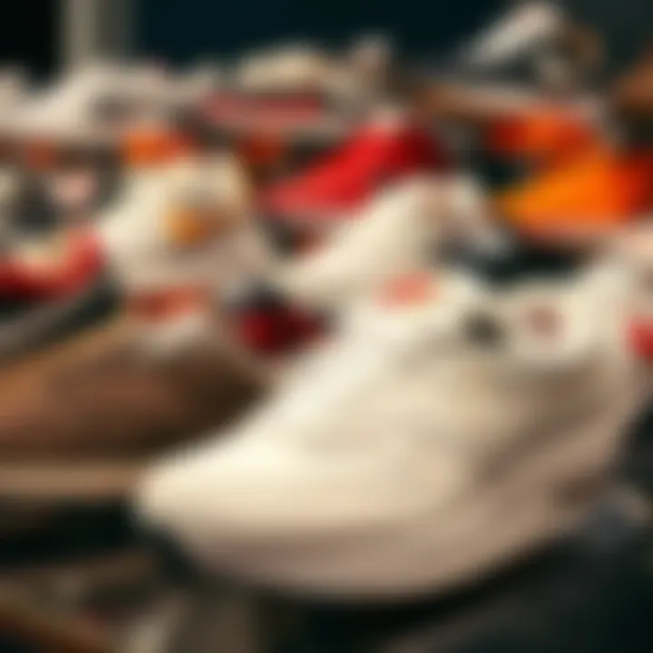 A display of various Nike sneaker models with different features.