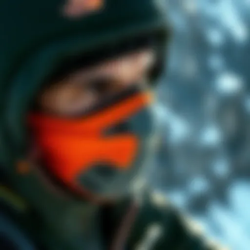 A climber wearing a North Face mask during a mountain ascent.