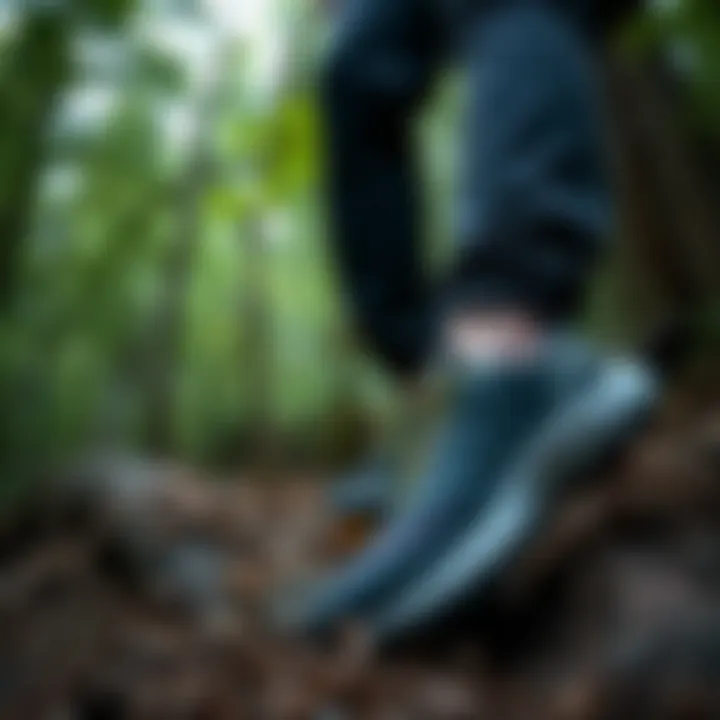 An adventurous individual wearing Skechers outdoor waterproof shoes while hiking in a lush forest