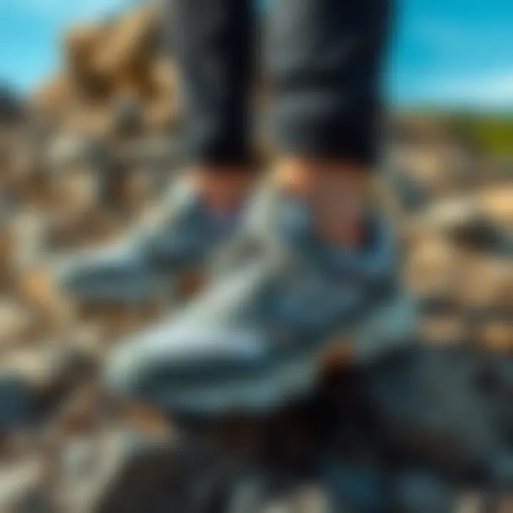 Stylish design of Skechers outdoor waterproof shoes displayed on a rocky terrain
